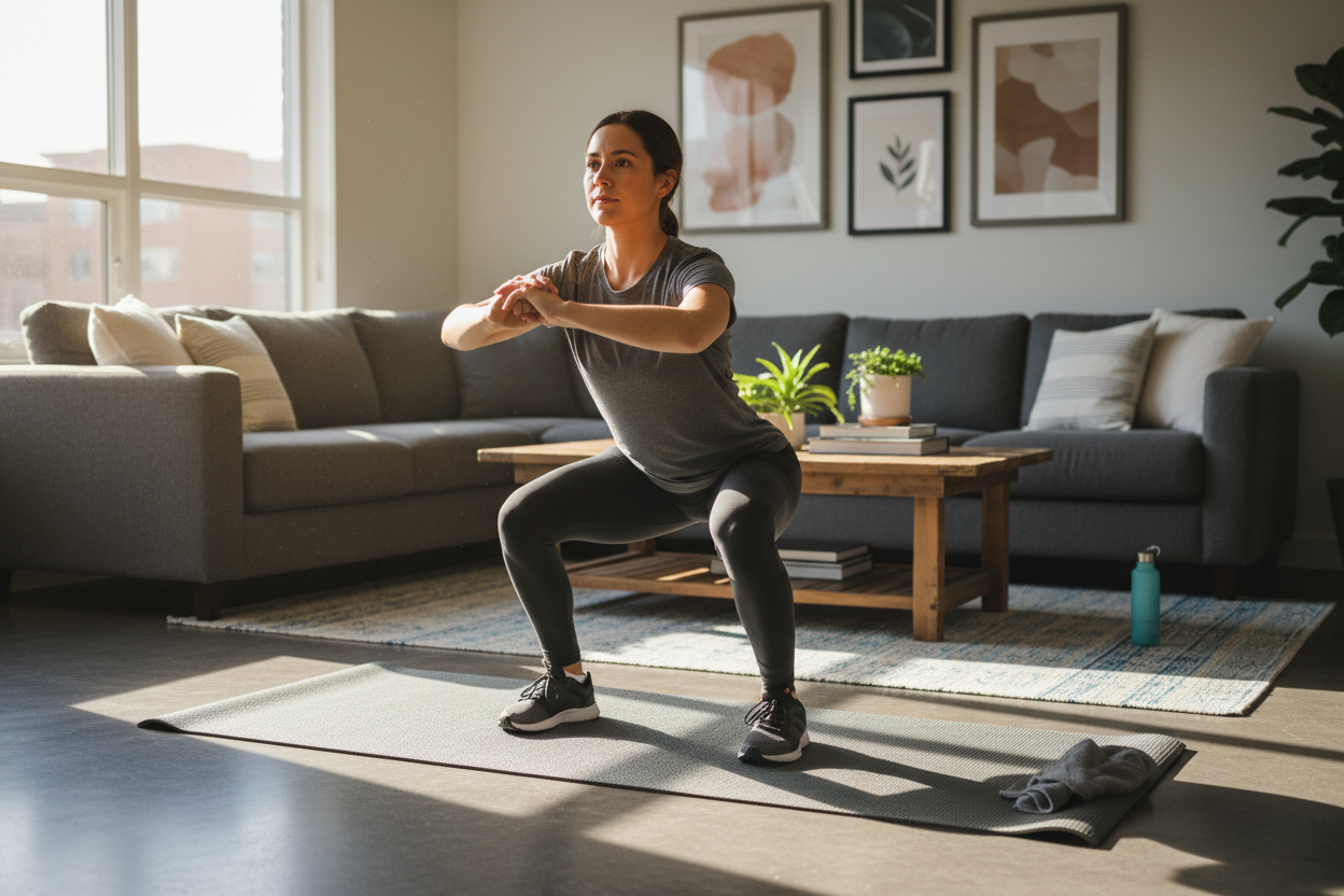 Someone training at home in their lounge doing a squat